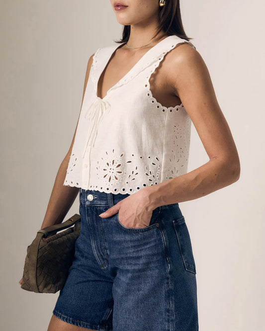 Embroidered Eyelet Sailor Top - White