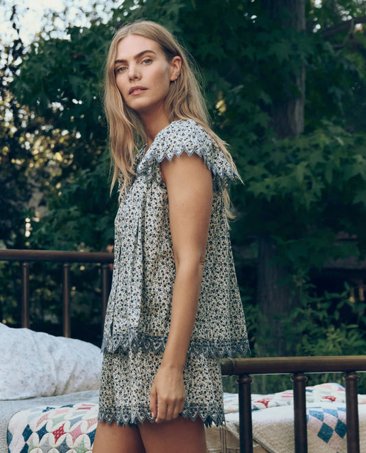 The Flutter Sleeve Eyelet Top - Bluebell Ditsy