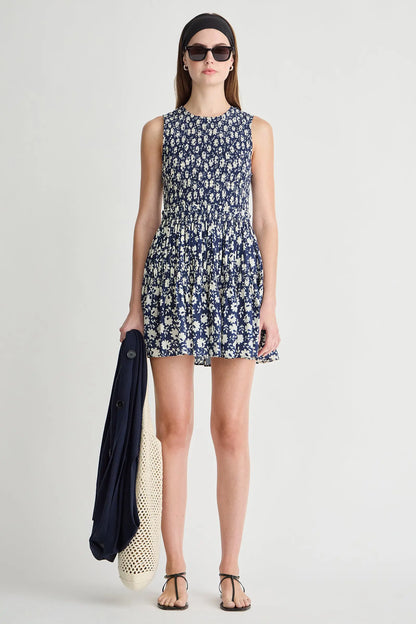 Lore Smocked Mini Dress - Navy Floral Stamp