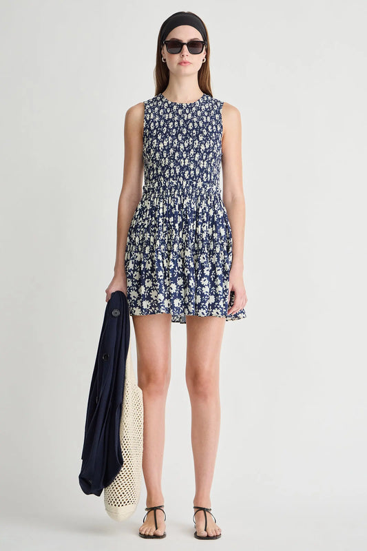Lore Smocked Mini Dress - Navy Floral Stamp