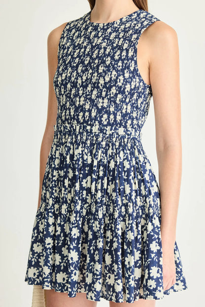 Lore Smocked Mini Dress - Navy Floral Stamp