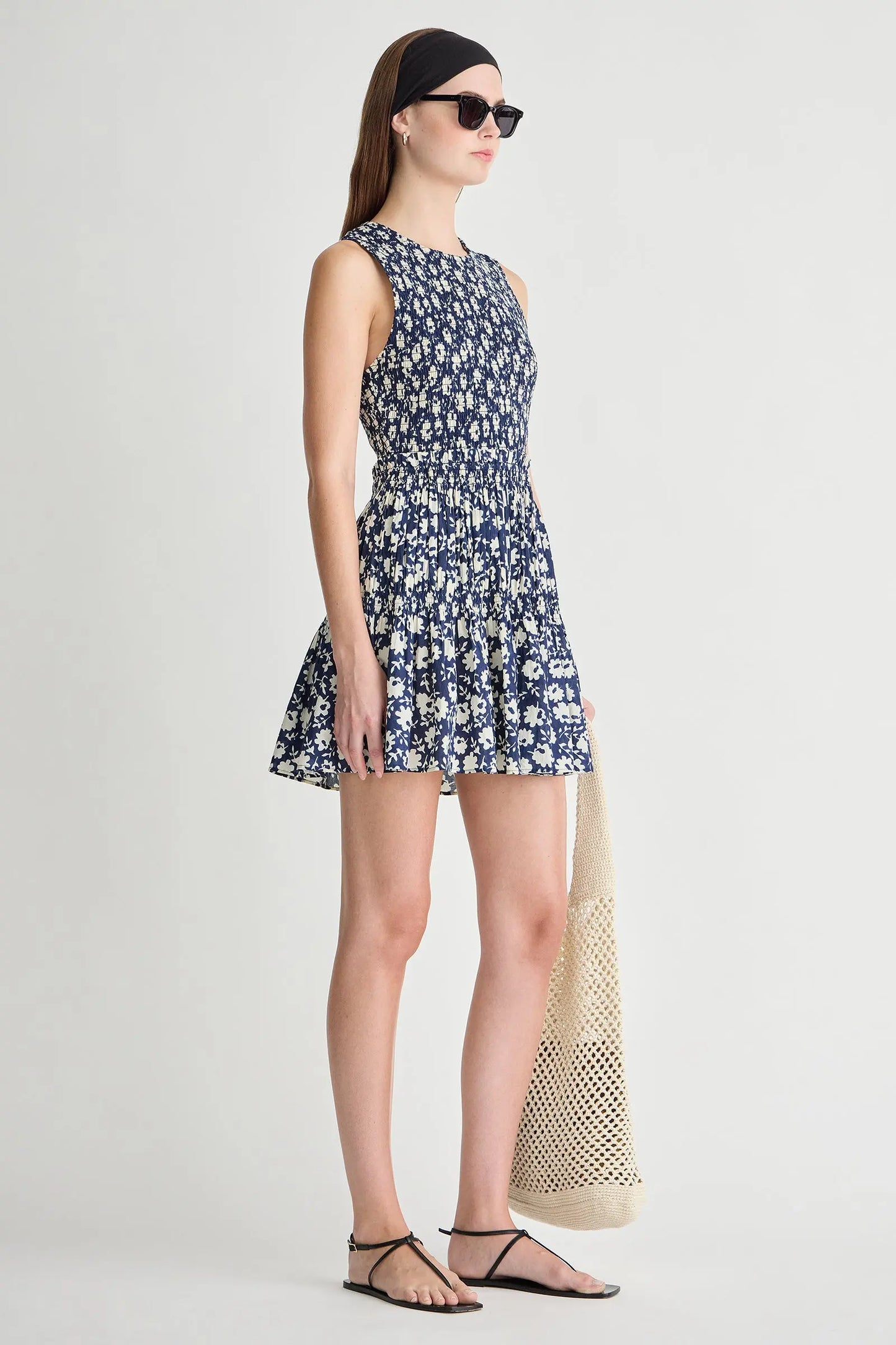 Lore Smocked Mini Dress - Navy Floral Stamp