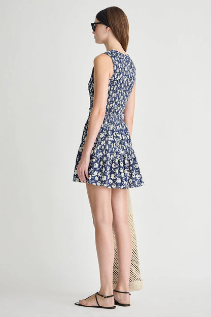 Lore Smocked Mini Dress - Navy Floral Stamp