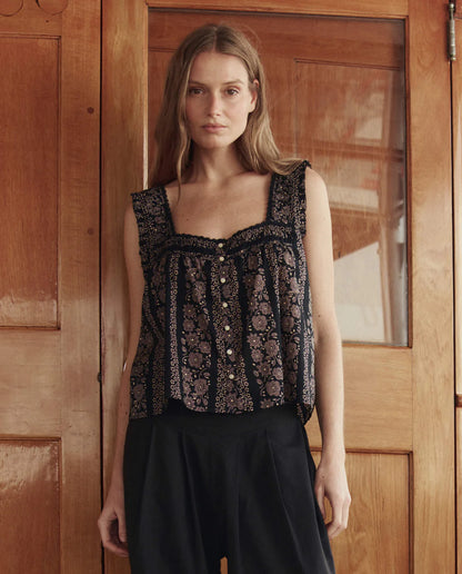 The Victorian Pleat Tank - Black & Cream Token Floral