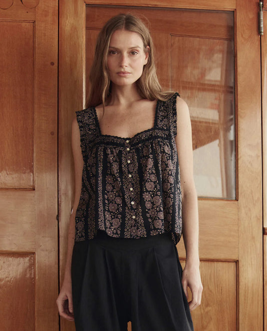 The Victorian Pleat Tank - Black & Cream Token Floral