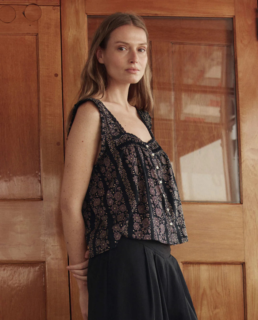 The Victorian Pleat Tank - Black & Cream Token Floral