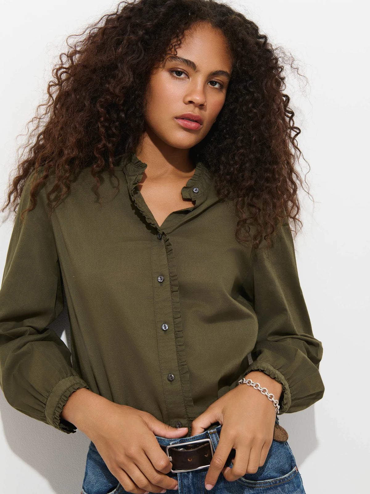 Chantilly Ruffle Shirt - Military Olive
