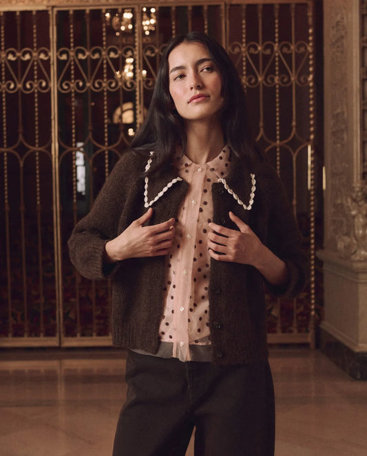 The Crochet Collar Cardigan - Chocolate Brown