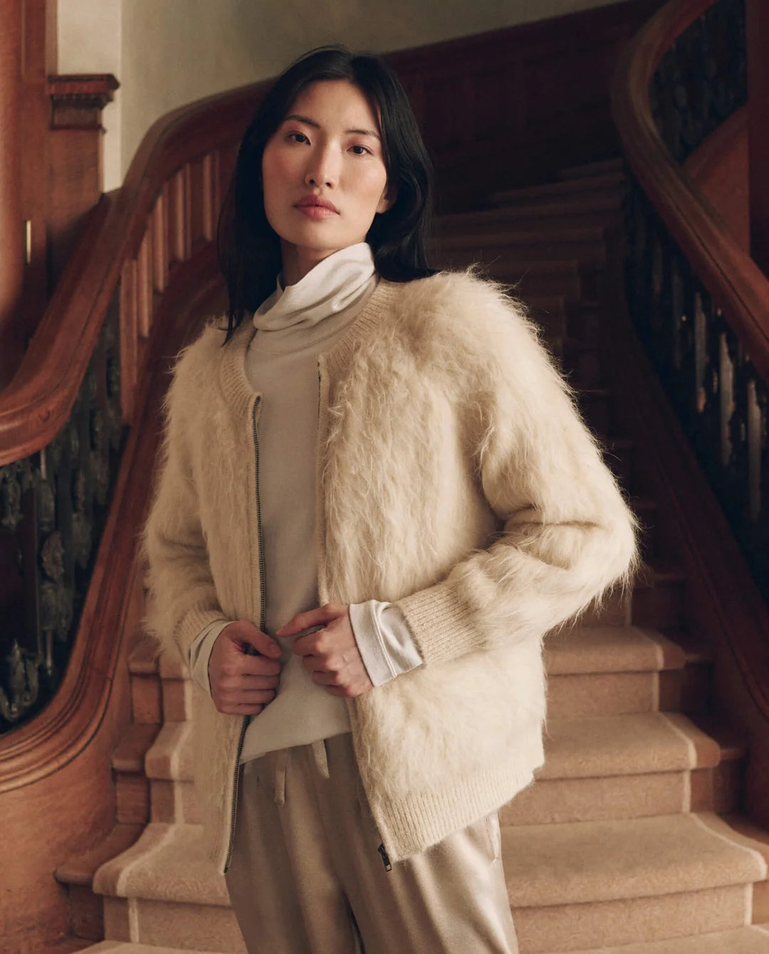 Fuzzy Bomber Sweater - Cream