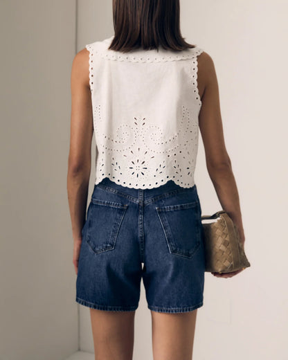 Embroidered Eyelet Sailor Top - White