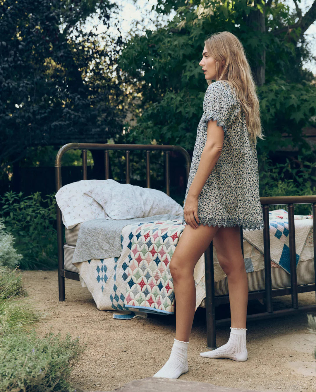 The Smocked Sleep Eyelet Dress - Bluebell Ditsy