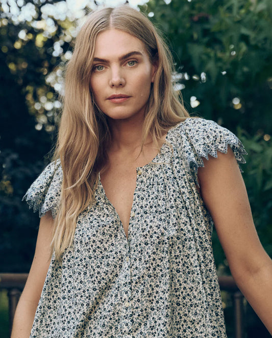 The Flutter Sleeve Eyelet Top - Bluebell Ditsy