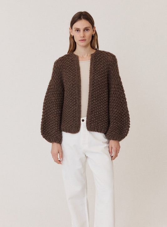 Chunky Alpaca Pearl Pattern Bomber Cardigan - Brown